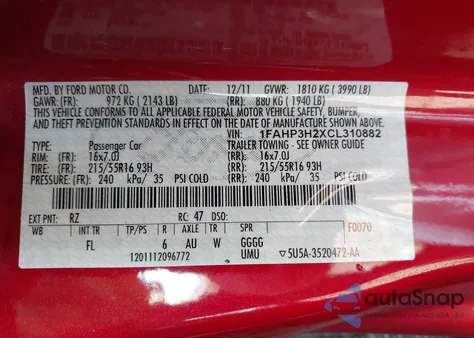 2012 Ford Focus Sel z USA, uszkodzony, nr VIN 1FAHP3H2XCL310882